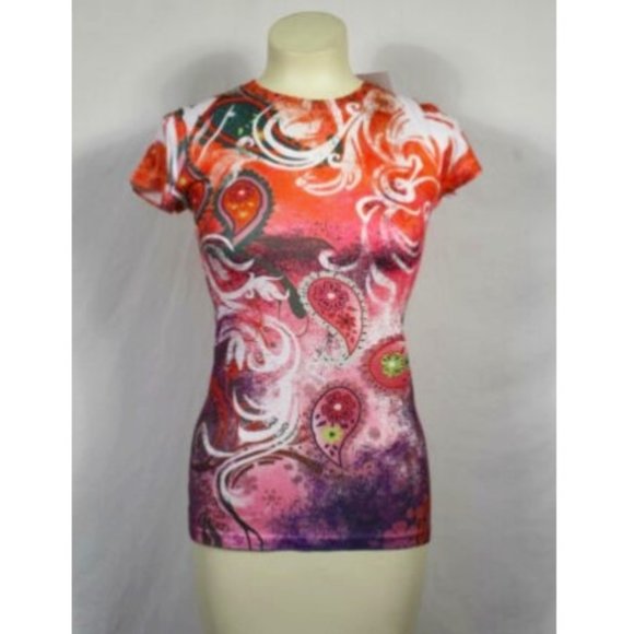 Maya Tops - Maya Orange Purple Graphic Paisley Tee Small